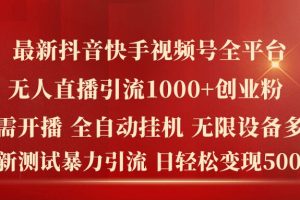 最新抖音快手视频号全平台无人直播引流1000+精准创业粉，日轻松变现5k+【揭秘】