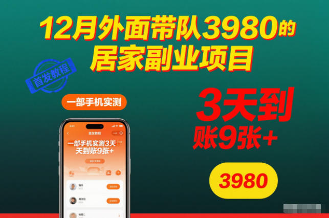 12月外面带队3980的居家副业项目,一部手机实测3天到账9张+,首发教程【揭秘】插图 12月外面带队3980的居家副业项目,一部手机实测3天到账9张+,首发教程【揭秘】