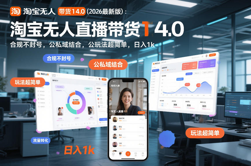 淘宝无人直播带货14.0(2026最新版):合规不封号,公私域结合,玩法超简单,日入1k+【揭秘】插图 淘宝无人直播带货14.0(2026最新版):合规不封号,公私域结合,玩法超简单,日入1k+【揭秘】