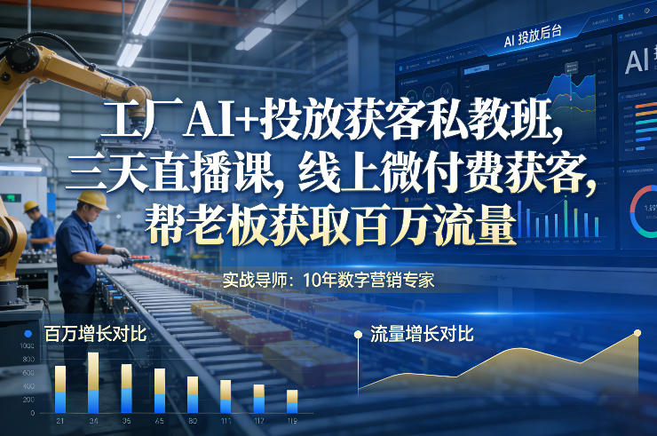 工厂AI+投放获客私教班,三天直播课,线上微付费获客,帮老板获取百万流量插图 工厂AI+投放获客私教班,三天直播课,线上微付费获客,帮老板获取百万流量