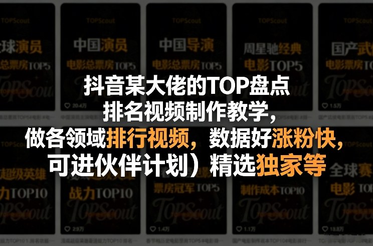 抖音某大佬的TOP盘点排名视频制作,做各领域排行视频,数据好涨粉快,可进伙伴计划+精选独家等插图 抖音某大佬的TOP盘点排名视频制作,做各领域排行视频,数据好涨粉快,可进伙伴计划+精选独家等