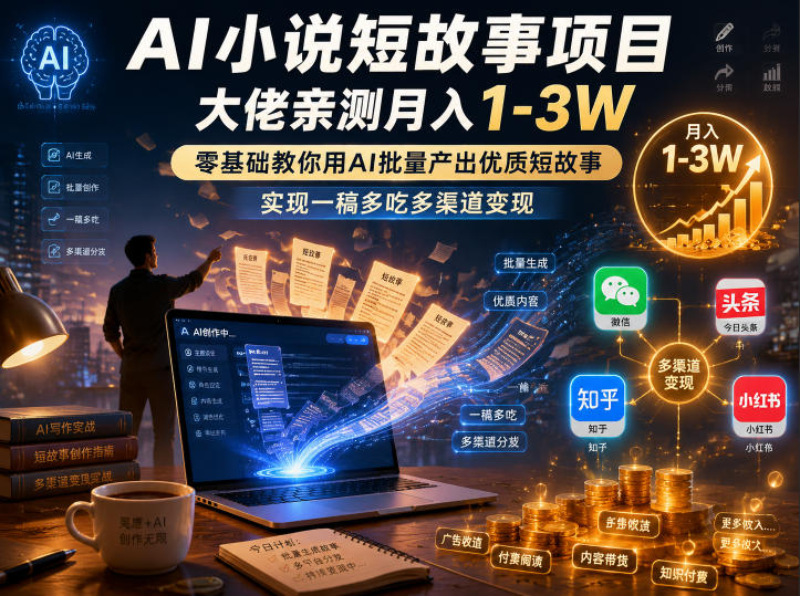 AI小说短故事项目,大佬亲测月入1-3W,零基础教你用AI批量产出优质短故事,实现一稿多吃多渠道变现(更新)插图 AI小说短故事项目,大佬亲测月入1-3W,零基础教你用AI批量产出优质短故事,实现一稿多吃多渠道变现(更新)