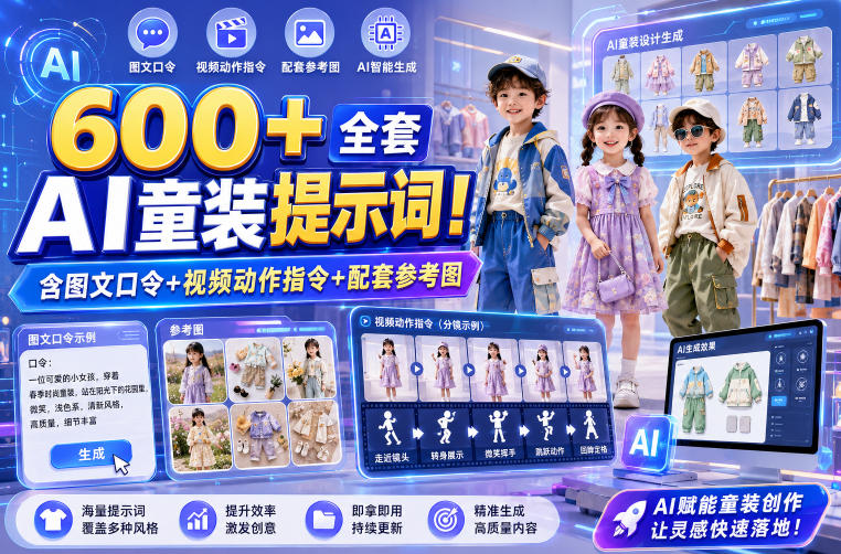 600+全套AI童装提示词!含图文口令+视频动作指令+配套参考图,Word-Excel规整分类,童装电商、种草无脑量产内容!插图 600+全套AI童装提示词!含图文口令+视频动作指令+配套参考图,Word-Excel规整分类,童装电商、种草无脑量产内容!
