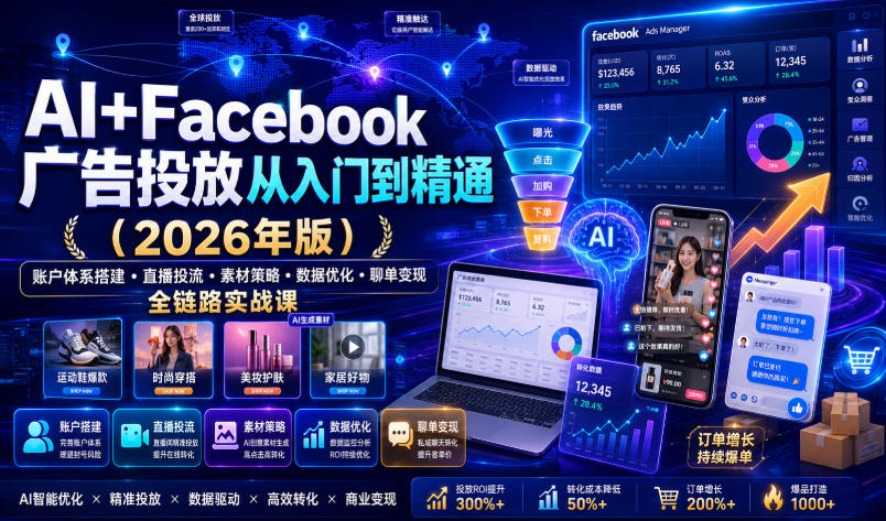 AI+Facebook广告投放从入门到精通（2026年版）｜账户体系搭建直播投流素材策略数据优化聊单变现全链路实战课