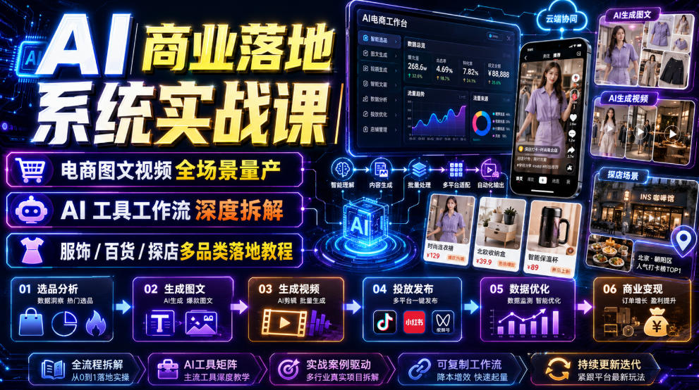AI商业落地系统实战课｜电商图文视频全场景量产AI工具工作流深度拆解服饰/百货/探店多品类落地教程