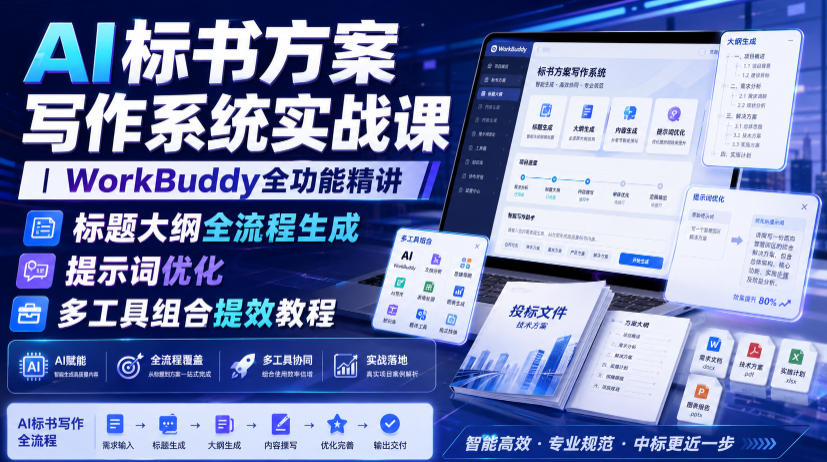 AI标书方案写作系统实战课｜WorkBuddy全功能精讲标题大纲全流程生成提示词优化多工具组合提效教程