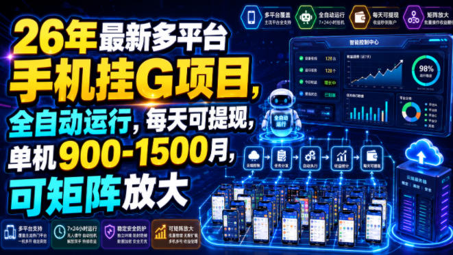 26年最新多平台手机挂G项目,全自动运行,每天可提现,单机900-1500月,可矩阵放大【揭秘】插图 26年最新多平台手机挂G项目,全自动运行,每天可提现,单机900-1500月,可矩阵放大【揭秘】