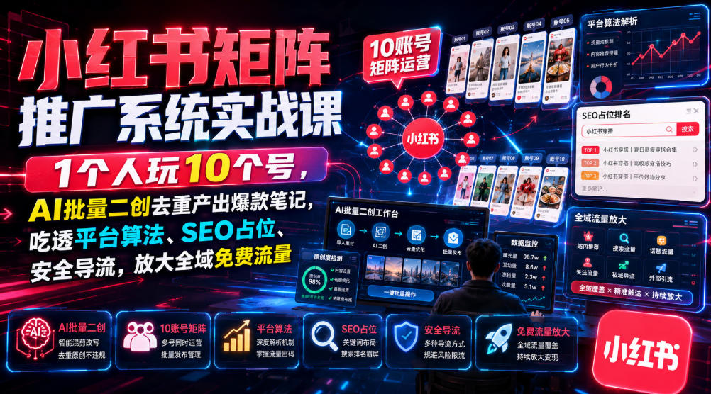小红书矩阵推广系统实战课|1个人玩10个号,AI批量二创去重产出爆款笔记,吃透平台算法、SEO占位、安全导流,放大全域免费流量插图 小红书矩阵推广系统实战课|1个人玩10个号,AI批量二创去重产出爆款笔记,吃透平台算法、SEO占位、安全导流,放大全域免费流量