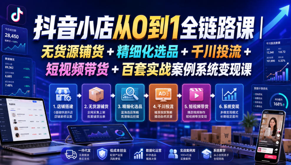 抖音小店从0到1全链路课|无货源铺货+精细化选品+千川投流+短视频带货+百套实战案例系统变现课(2026年7月更新)插图 抖音小店从0到1全链路课|无货源铺货+精细化选品+千川投流+短视频带货+百套实战案例系统变现课(2026年7月更新)