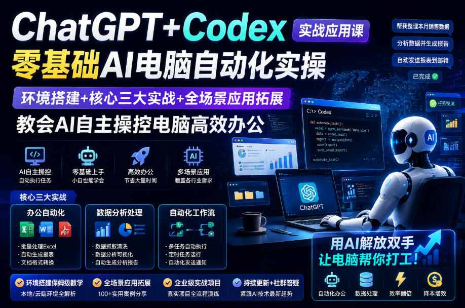ChatGPT+Codex实战应用课|零基础AI电脑自动化实操,环境搭建+核心三大实战+全场景应用拓展,教会AI自主操控电脑高效办公插图 ChatGPT+Codex实战应用课|零基础AI电脑自动化实操,环境搭建+核心三大实战+全场景应用拓展,教会AI自主操控电脑高效办公
