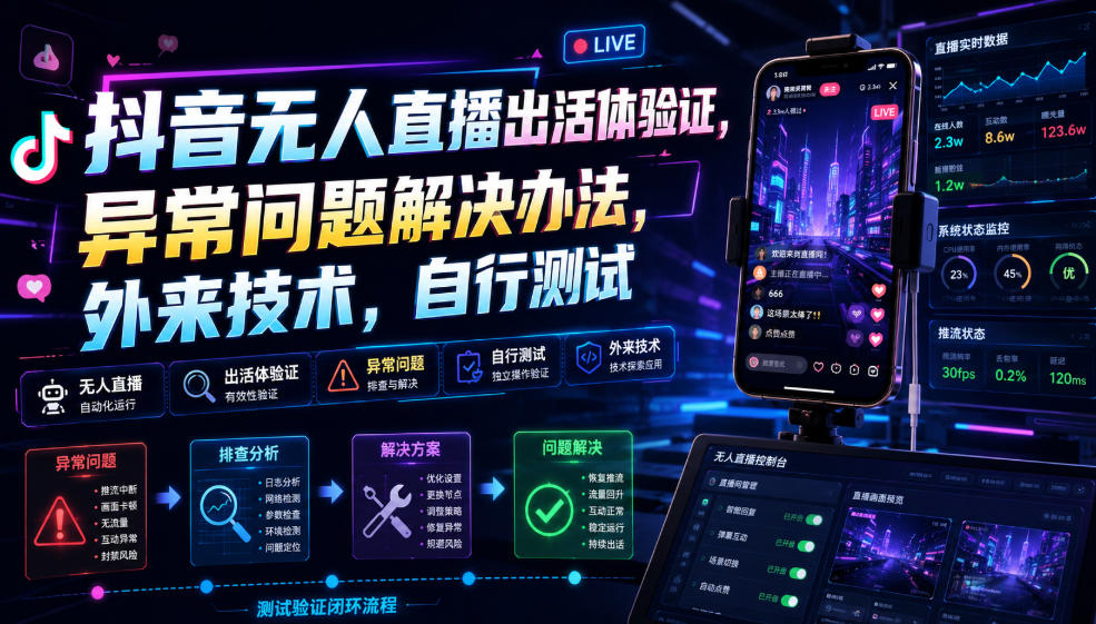 抖音无人直播出活体验证,异常问题解决办法,外来技术,自行测试插图 抖音无人直播出活体验证,异常问题解决办法,外来技术,自行测试