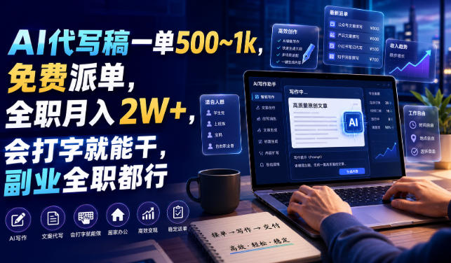 AI代写稿一单500~1k,免费派单,全职月入2W+,会打字就能干,副业全职都行【揭秘】插图 AI代写稿一单500~1k,免费派单,全职月入2W+,会打字就能干,副业全职都行【揭秘】