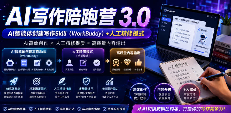 AI写作陪跑营3.0,Ai智能体创建写作skill(workbuddy)+人工手写模式(手搓模式),去除AI痕迹(头条号、公众号、百家号)(更新0730)插图 AI写作陪跑营3.0,Ai智能体创建写作skill(workbuddy)+人工手写模式(手搓模式),去除AI痕迹(头条号、公众号、百家号)(更新0730)