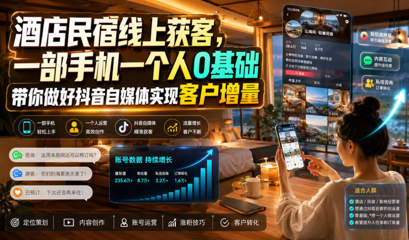 酒店民宿线上获客,一部手机一个人0基础带你做好抖音自媒体实现客户增量插图 酒店民宿线上获客,一部手机一个人0基础带你做好抖音自媒体实现客户增量